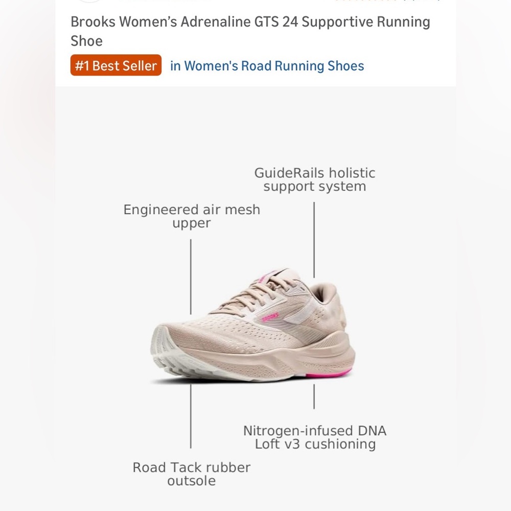 Brooks Women's Adrenaline GTS 24 - Cream and Pink - Picture 8 of 9